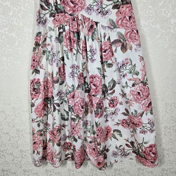 VTG Midi Dress sz 13* White Pink Floral Puff Sleeve Cottagecore Boho Romantic - Picture 4 of 16